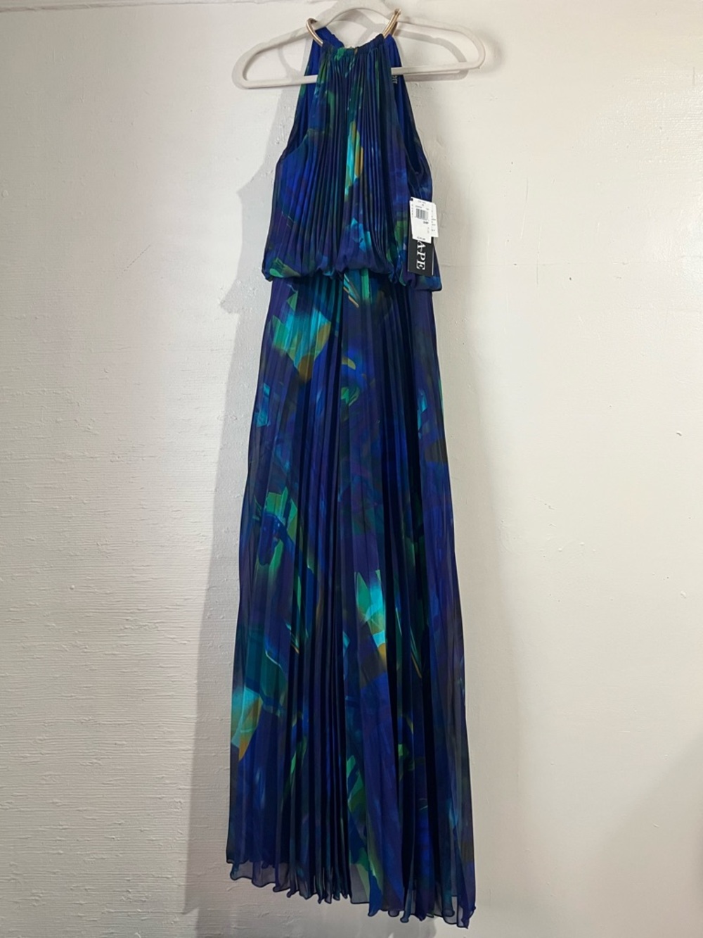 XSCAPE Pleated Blouson Halter Indigo Blue Dress w. Gold Snake Chain - Size 14P - Picture 3 of 14